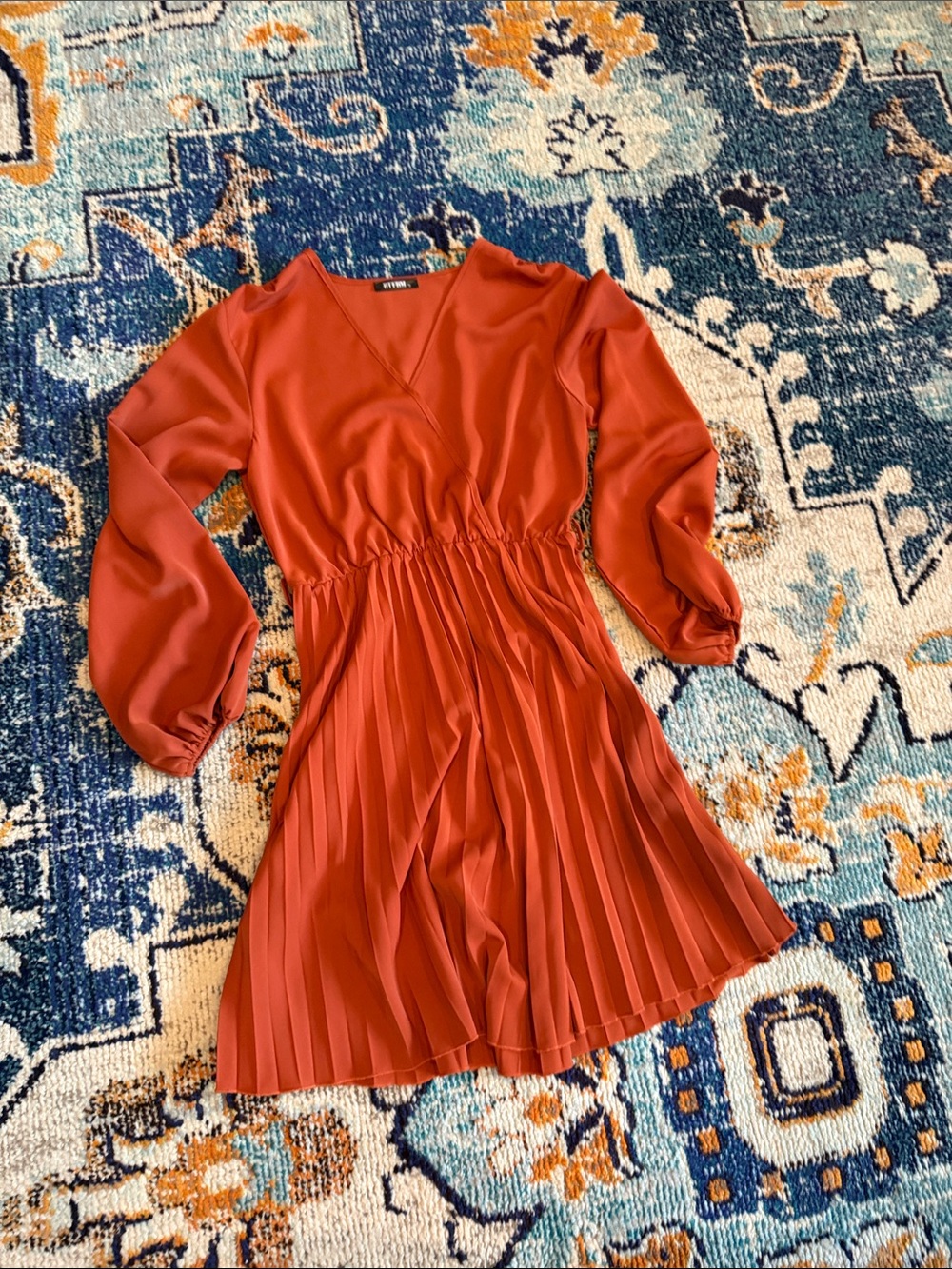 Pleated V-Neck Long Sleeve Dress in Rust